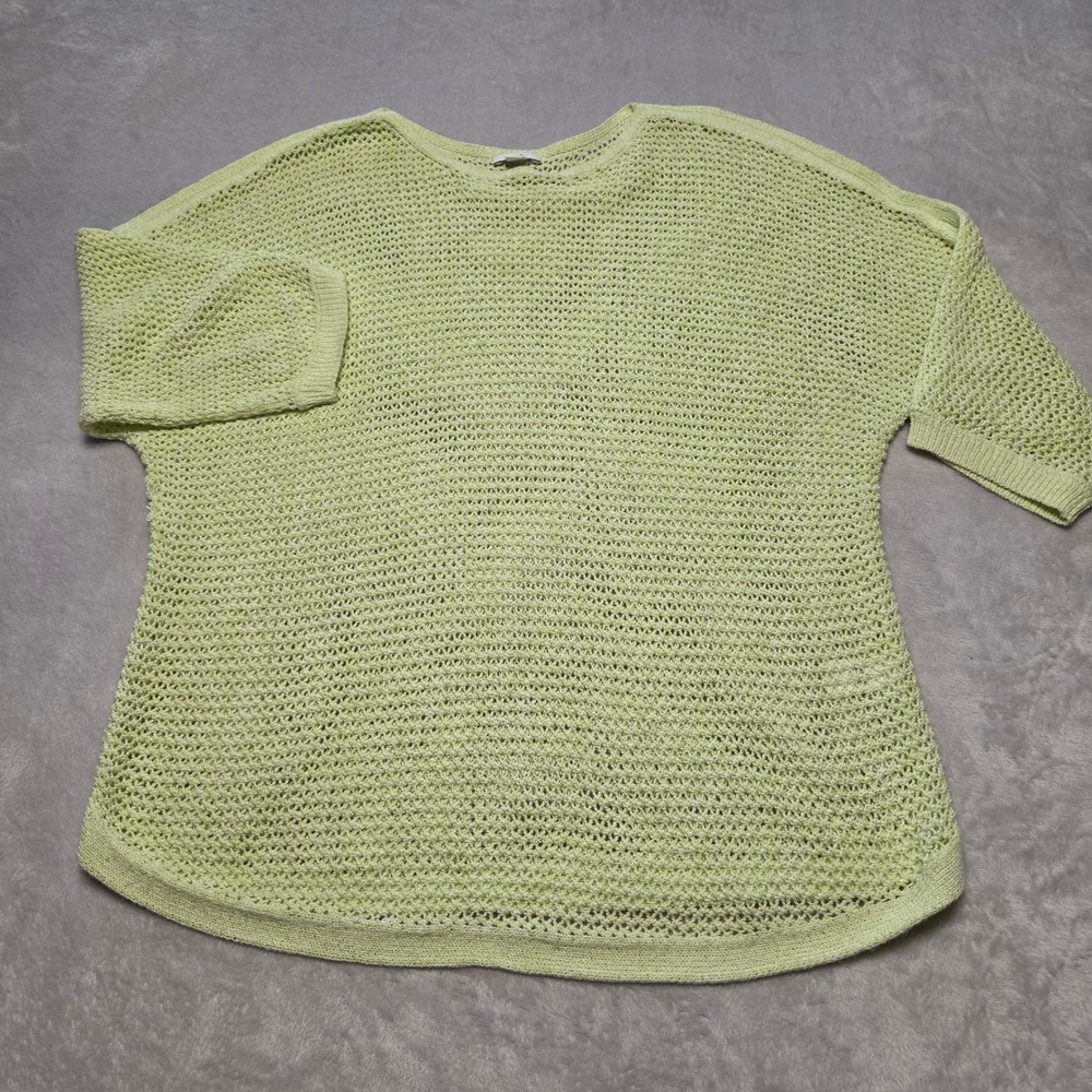 J.Jill Womens Medium Lime Green Open Knit 3/4 Sleeve Cotton Blend Sweater